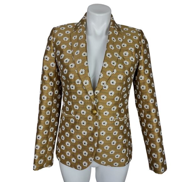 J. Crew Campbell Scattered Daisy Gold Floral Print Jacquard Gold Button Blazer 0 - Picture 2 of 16